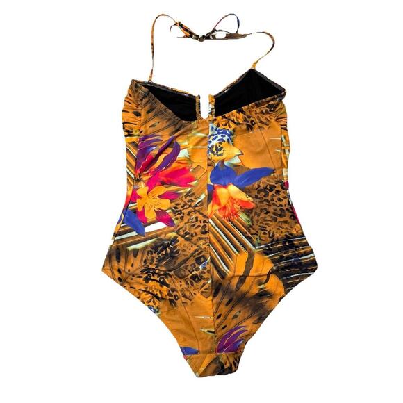 GESTUZ Kelly Swimsuit Floral Animal Leopard Print Brown Halterneck Size M Medium - Picture 2 of 13